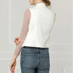Allegra K Women's Washed Denim Buttoned Vest W Flap Pockets