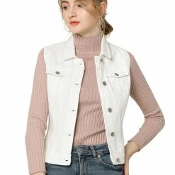 Allegra K Women's Washed Denim Buttoned Vest W Flap Pockets