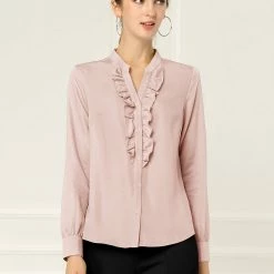 Women Allegra K Ruffle Front V Neck Button Up Long Sleeves Casual Chambray Tops Shirt 24 Women Allegra K Ruffle Front V Neck Button Up Long Sleeves Casual Chambray Tops Shirt