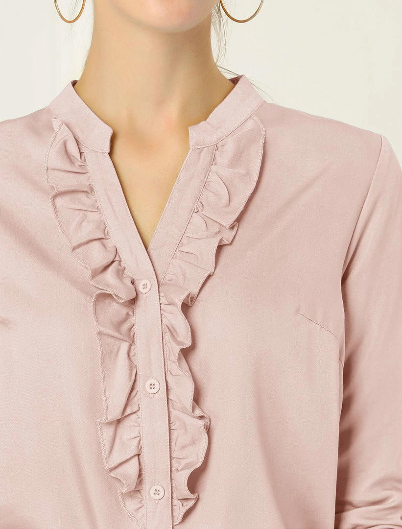 Women Allegra K Ruffle Front V Neck Button Up Long Sleeves Casual Chambray Tops Shirt 9 Women Allegra K Ruffle Front V Neck Button Up Long Sleeves Casual Chambray Tops Shirt