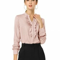 Women Allegra K Ruffle Front V Neck Button Up Long Sleeves Casual Chambray Tops Shirt