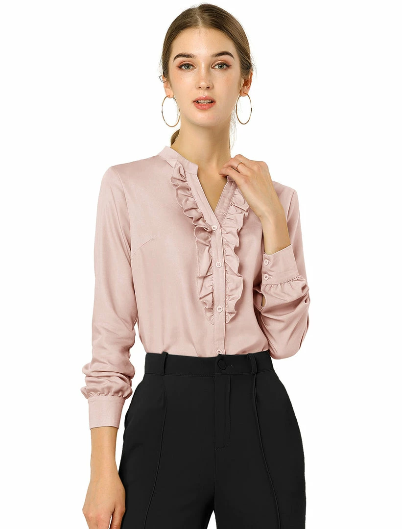 Women Allegra K Ruffle Front V Neck Button Up Long Sleeves Casual Chambray Tops Shirt 4 Women Allegra K Ruffle Front V Neck Button Up Long Sleeves Casual Chambray Tops Shirt