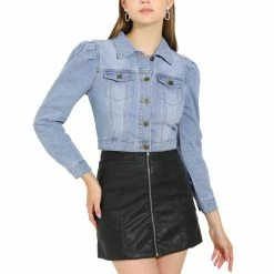 Allegra K Women's Basic Puff Sleeve Washed Lightweight Cropped Denim Jacket