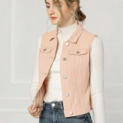 Allegra K Women's Washed Denim Buttoned Vest W Flap Pockets