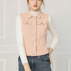 Allegra K Women's Washed Denim Buttoned Vest W Flap Pockets