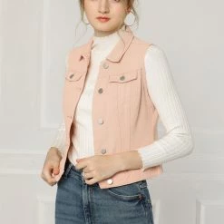 Allegra K Women's Washed Denim Buttoned Vest W Flap Pockets