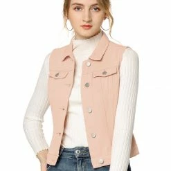 Allegra K Women's Washed Denim Buttoned Vest W Flap Pockets