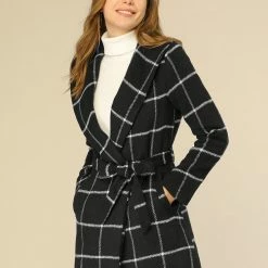 Allegra K Women's Plaid Belted Shawl Collar Wrap Winter Coat