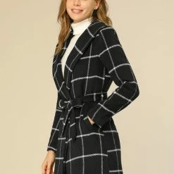 Allegra K Women's Plaid Belted Shawl Collar Wrap Winter Coat