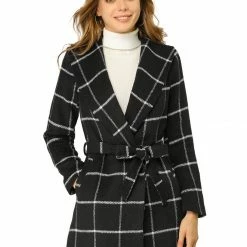 Allegra K Women's Plaid Belted Shawl Collar Wrap Winter Coat