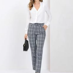 Allegra K Women's Plaid High Waist Straight Pant Trousers Cropped Ankle Tartan Office Pants