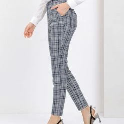 Allegra K Women's Plaid High Waist Straight Pant Trousers Cropped Ankle Tartan Office Pants