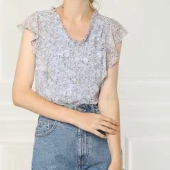Allegra K Women's Ruffle Tops Casual V Neck Cap Sleeves Floral Blouse