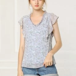 Allegra K Women's Ruffle Tops Casual V Neck Cap Sleeves Floral Blouse