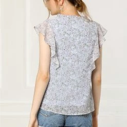 Allegra K Women's Ruffle Tops Casual V Neck Cap Sleeves Floral Blouse