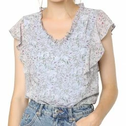 Allegra K Women's Ruffle Tops Casual V Neck Cap Sleeves Floral Blouse
