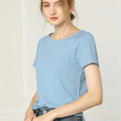 Allegra K Short Raglan Sleeves Round Neck Chambray Top 15 Allegra K Short Raglan Sleeves Round Neck Chambray Top