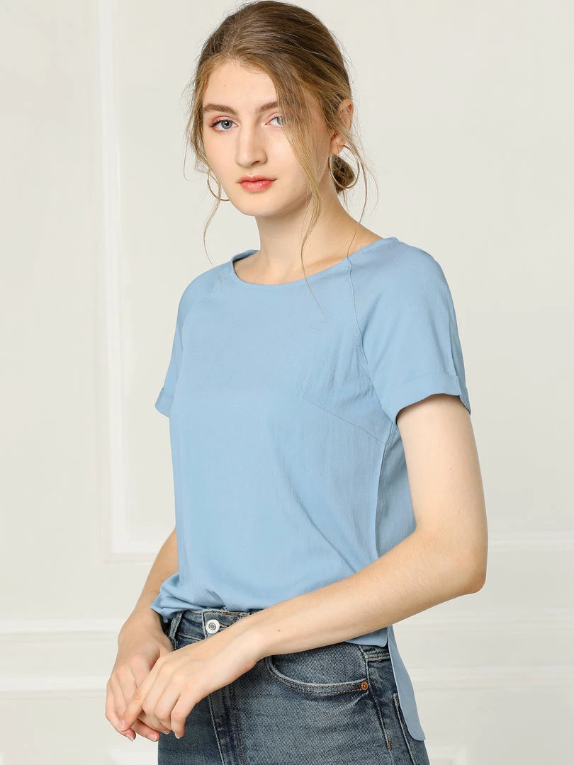 Allegra K Short Raglan Sleeves Round Neck Chambray Top 5 Allegra K Short Raglan Sleeves Round Neck Chambray Top
