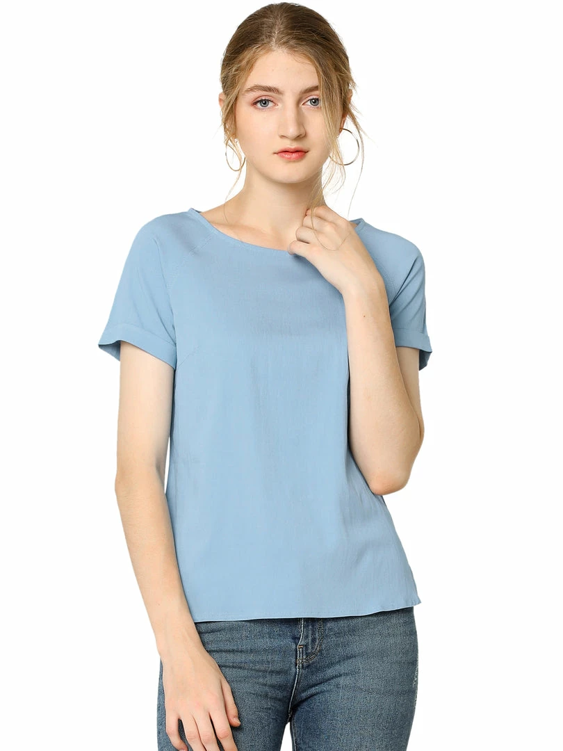 Allegra K Short Raglan Sleeves Round Neck Chambray Top 6 Allegra K Short Raglan Sleeves Round Neck Chambray Top