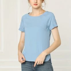 Allegra K Short Raglan Sleeves Round Neck Chambray Top 17 Allegra K Short Raglan Sleeves Round Neck Chambray Top