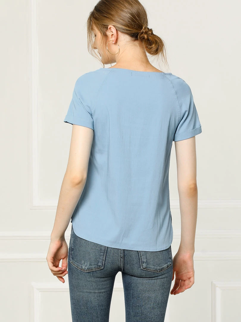Allegra K Short Raglan Sleeves Round Neck Chambray Top 8 Allegra K Short Raglan Sleeves Round Neck Chambray Top