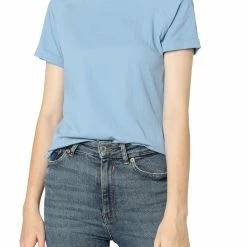 Allegra K Short Raglan Sleeves Round Neck Chambray Top