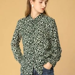 Allegra K Long Sleeve Button Down Ditsy Floral Shirt Women