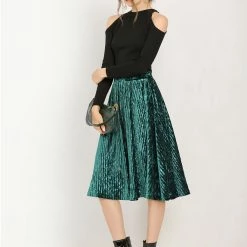 Allegra K Women's Elegant Office Elastic Waist Velvet A-Line Midi Skirt 24 Allegra K Women's Elegant Office Elastic Waist Velvet A-Line Midi Skirt