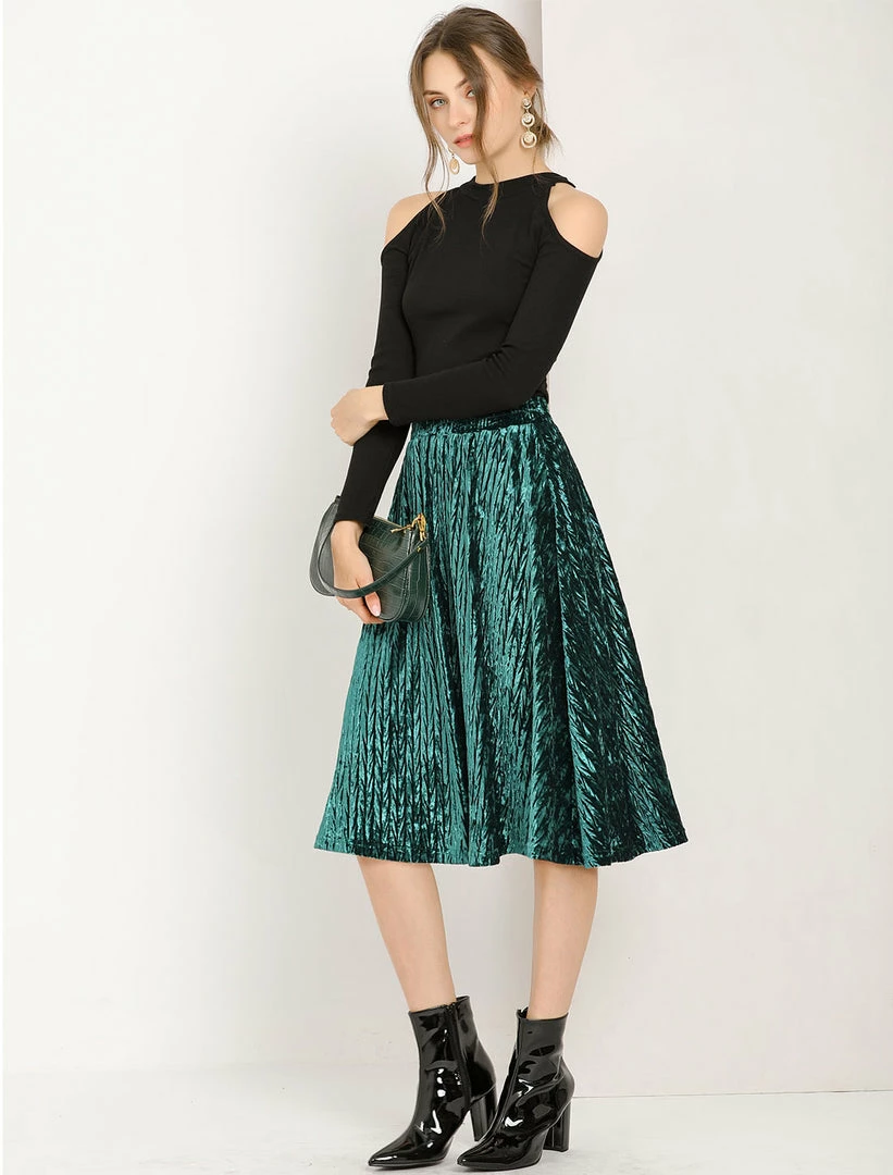 Allegra K Women's Elegant Office Elastic Waist Velvet A-Line Midi Skirt 11 Allegra K Women's Elegant Office Elastic Waist Velvet A-Line Midi Skirt