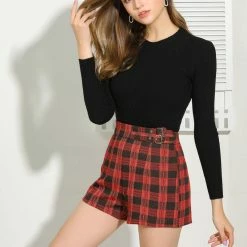 Allegra K Women's Elastic High Waisted Zipper Casual Plaid Shorts 23 Allegra K Women's Elastic High Waisted Zipper Casual Plaid Shorts