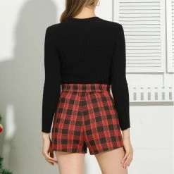 Allegra K Women's Elastic High Waisted Zipper Casual Plaid Shorts 24 Allegra K Women's Elastic High Waisted Zipper Casual Plaid Shorts