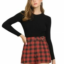 Allegra K Women's Elastic High Waisted Zipper Casual Plaid Shorts 20 Allegra K Women's Elastic High Waisted Zipper Casual Plaid Shorts