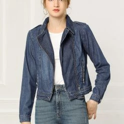 Women Allegra K Revere Collar Washed Denim Jacket With Zip Decors