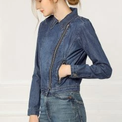 Women Allegra K Revere Collar Washed Denim Jacket With Zip Decors