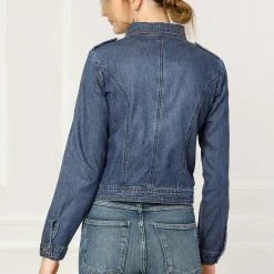 Women Allegra K Revere Collar Washed Denim Jacket With Zip Decors