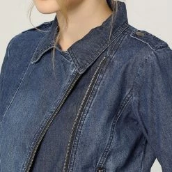 Women Allegra K Revere Collar Washed Denim Jacket With Zip Decors