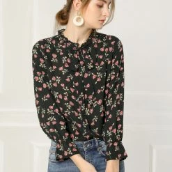 Allegra K Floral Ruffle Tie Neck Long Sleeve Blouse Women