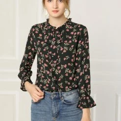Allegra K Floral Ruffle Tie Neck Long Sleeve Blouse Women