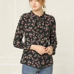 Allegra K Floral Ruffle Tie Neck Long Sleeve Blouse Women