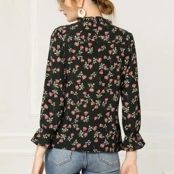 Allegra K Floral Ruffle Tie Neck Long Sleeve Blouse Women