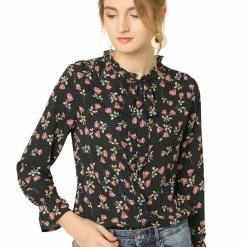 Allegra K Floral Ruffle Tie Neck Long Sleeve Blouse Women