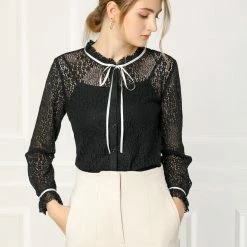 Allegra K Women's Lace Top Floral Semi Sheer Long Sleeve Button Down Office Business Blouse