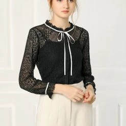 Allegra K Women's Lace Top Floral Semi Sheer Long Sleeve Button Down Office Business Blouse