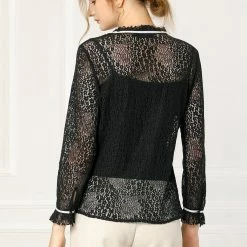 Allegra K Women's Lace Top Floral Semi Sheer Long Sleeve Button Down Office Business Blouse