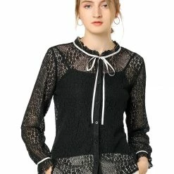 Allegra K Women's Lace Top Floral Semi Sheer Long Sleeve Button Down Office Business Blouse