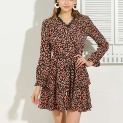 Allegra K Women's Lace V Neck Long Sleeve Belted Swing Floral Tiered Dress 25 Allegra K Women's Lace V Neck Long Sleeve Belted Swing Floral Tiered Dress