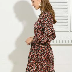 Allegra K Women's Lace V Neck Long Sleeve Belted Swing Floral Tiered Dress 26 Allegra K Women's Lace V Neck Long Sleeve Belted Swing Floral Tiered Dress