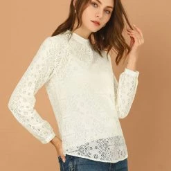 Allegra K Women's Lace Floral Blouse Long Sleeve Stand Collar Elegant Vintage Top Shirt 23 Allegra K Women's Lace Floral Blouse Long Sleeve Stand Collar Elegant Vintage Top Shirt