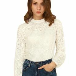 Allegra K Women's Lace Floral Blouse Long Sleeve Stand Collar Elegant Vintage Top Shirt 20 Allegra K Women's Lace Floral Blouse Long Sleeve Stand Collar Elegant Vintage Top Shirt