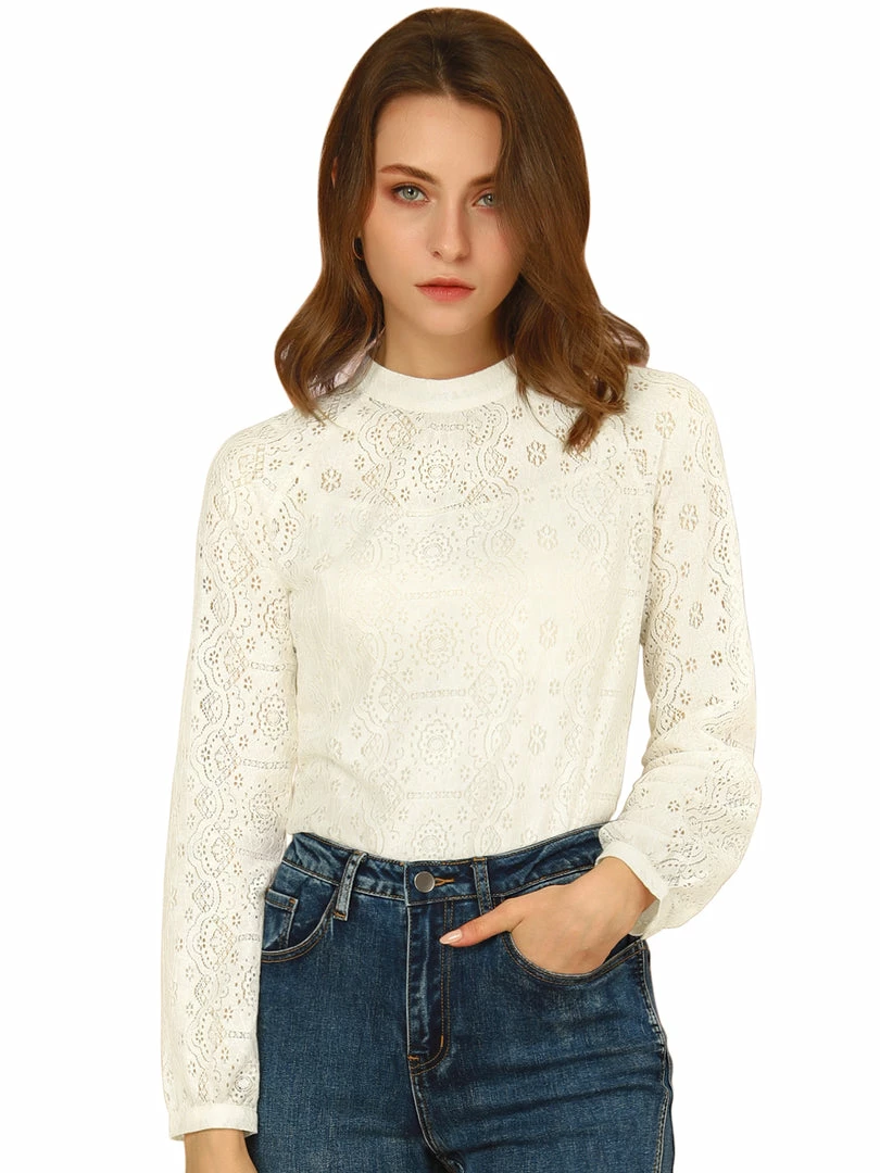 Allegra K Women's Lace Floral Blouse Long Sleeve Stand Collar Elegant Vintage Top Shirt 9 Allegra K Women's Lace Floral Blouse Long Sleeve Stand Collar Elegant Vintage Top Shirt